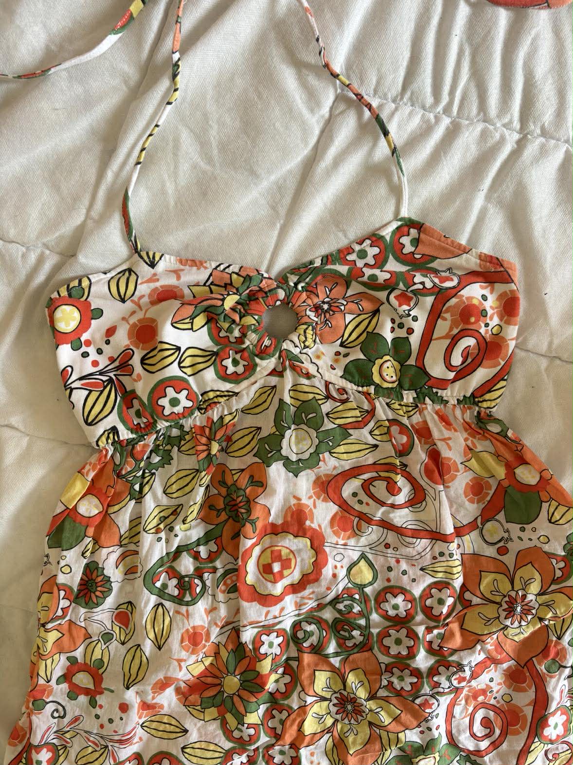 Vintage Top w Kwiaty Pomarańcz / Zieleń / Biel – Cottagecore Boho | Rozmiar M