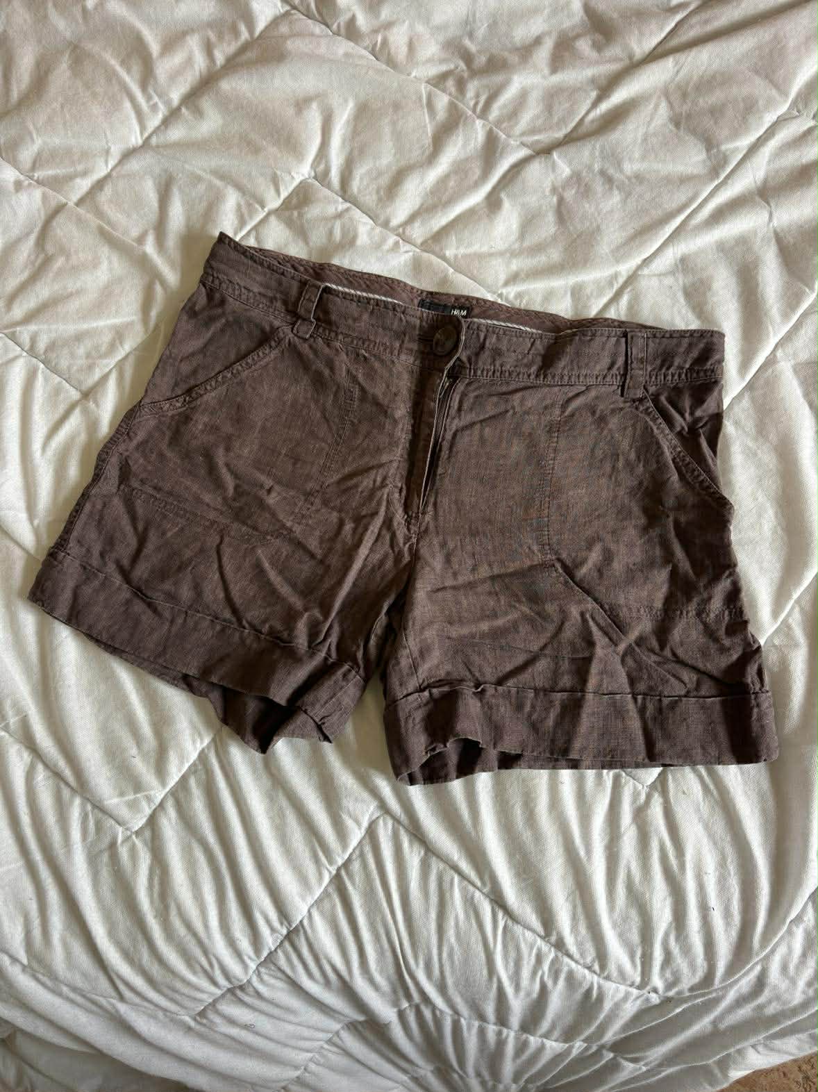 Vintage Szorty Lniane H&M 100% Len Brązowe – Boho / Cottagecore | Rozmiar 44