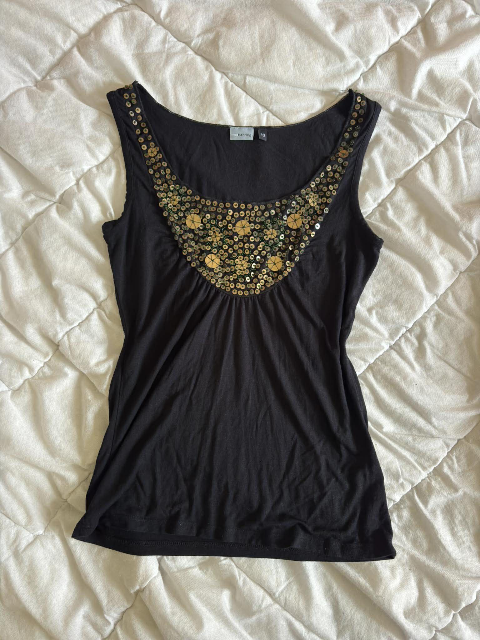 Vintage Top Czarny z Cekinami 100% Wiskoza – Dark Glam / Boho | Rozmiar L