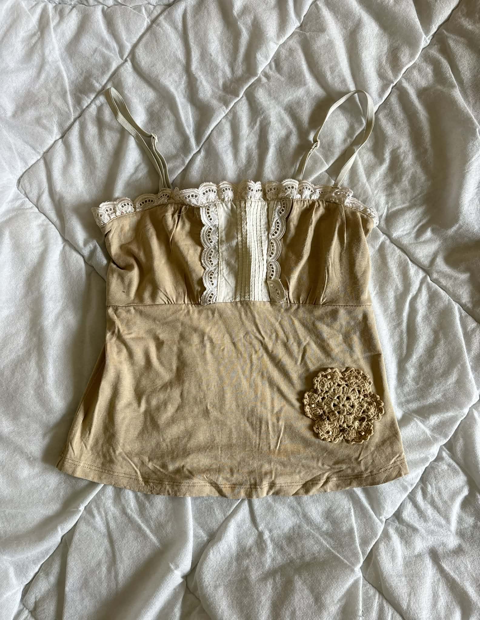 Beżowy Top na Ramiączkach z Koronką i Szydełkiem – Cottagecore Vintage Rozmiar S