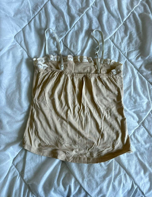 Beżowy Top na Ramiączkach z Koronką i Szydełkiem – Cottagecore Vintage Rozmiar S